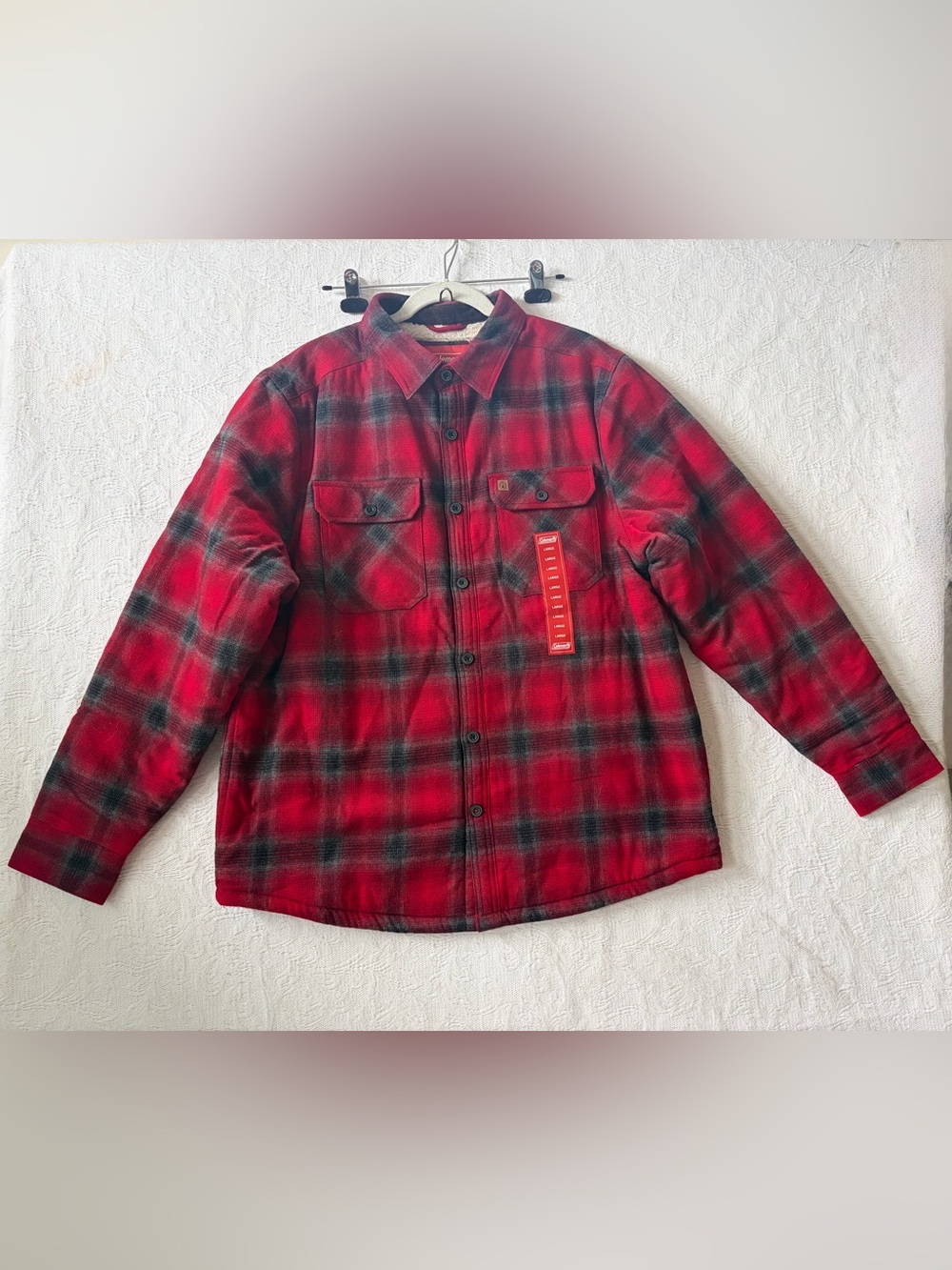 Coleman Men's Sherpa Lined Warm Red Plaid Flannel Jacket Large